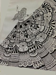 a black and white drawing of a woman's dress with an intricate design on it