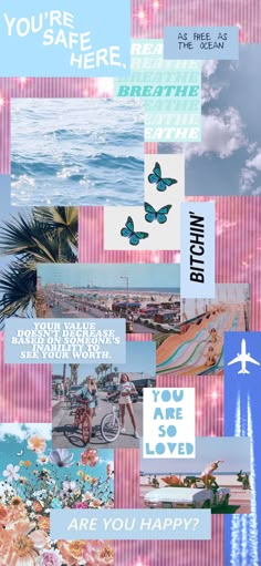 a collage of images with words and pictures on them, including an airplane in the sky