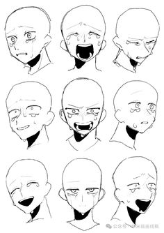 the various facial expressions in an anime character's head, with different angles to each face