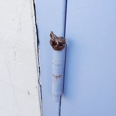 the door handle has an owl on it's head and is painted blue with white paint