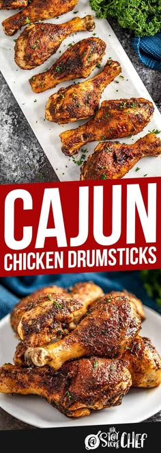 chicken drums on a plate with the title cajun chicken drumsticks over it