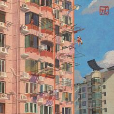 a painting of an apartment building with lots of balconies and people on the balconys