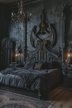 a bedroom with a large bed and chandelier