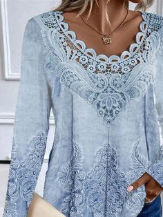 Women's Long Sleeve Blouse Spring/Fall Random Print Lace Jersey Crew Neck Daily Going Out Casual Top Blue Winter Blouses, Couture Mode, Boho Blouses, Casual Top, White Blouse, Couture Dresses, Spring And Fall, Casual Tops, Women Long Sleeve