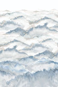 an abstract watercolor painting of clouds and mountains