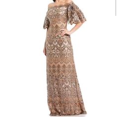 Off-The-Shoulder Short Flutter Sleeve Sequin Lace Scalloped Hem Gown - Copper - Size 16, Alterations To Shorten Hem To 5’3. Paid $650 Dillards Gowns, Tadashi Shoji Mother Of The Bride, Adrianna Papell Mother Of The Bride, Mother Of The Bride Dresses Bohemian, Boho Mother Of The Bride Dresses Bohemian, Simple Elegant Dresses, Cap Sleeve Gown, Mother Of The Bride Dresses Long, Mother Wedding