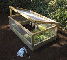 a small wooden greenhouse with plants growing in it's sides and on the ground