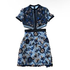 a blue and black dress with flowers on it