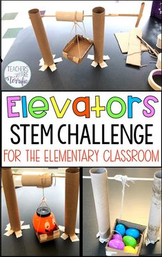 STEM Challenge- build an elevator that will lift an object by using a cranking device. Perfect for upper elementary students. Students must build a platform and a crank that will work to lift a load. #teachersareterrific Stem Prek, Stem Club, Elementary Stem Activities, Esl Kids, Steam Ideas, Stem Classes, Stem Elementary, Steam Projects, Stem Challenge