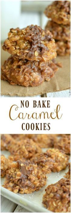 no bake caramel cookies are stacked on top of each other with the words, no bake caramel cookies