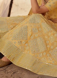 Pale Mustard Designer Heavy Embroidered Wedding & Bridal Lehenga-Saira's Boutique Blouse Organza, Mustard Fabric, Holiday Promotions, Embroidered Wedding, Organza Dupatta, Thread Embroidery, Lace Border, Mirror Work, Silk Thread