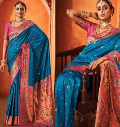 Blue Paithani Saree with Blouse, Wedding Saree in Pure Silk, Bridal Saree,blue saree, silk saree Indian Dresses Online, Designer Sarees Online, Wedding Saree Indian, Blue Saree, Indian Lehenga, Indian Bridal Wear, Dress Indian Style, Saree Dress, Indian Wedding Dress