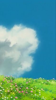 a painting of a cloud in the shape of a heart on a green field with flowers