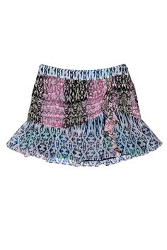 Current Boutique-Ramy Brook - Rainbow Snakeskin Printed Ruffle Miniskirt Sz 8 Summer Stretch Ruffled Mini Skirt, Trendy Ruffled Skort For Night Out, Fitted Mini Skirt With Ruffles, Chic Mini Skort For Summer, Fitted Ruffled Skort For Summer, Fitted Ruffled Mini Skirt, Summer Mini Hem Skirt For Night Out, Blue Ruffled Stretch Skort, Summer Trendy Ruffled Skirt Skort