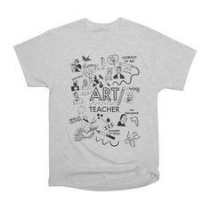 a t - shirt with the words art teacher written in black and white on it