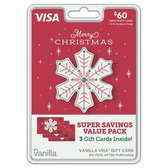 a red and white christmas gift card with a snowflake design on the front