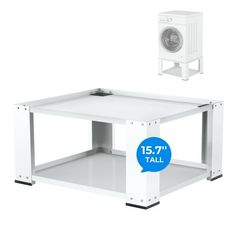 a white table with a dryer on top and a blue sign that says 15 7'tall