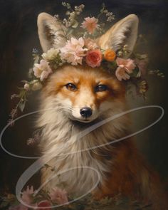 a painting of a fox wearing a flower crown