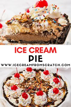 an ice cream pie with whipped cream and sprinkles is shown in this collage