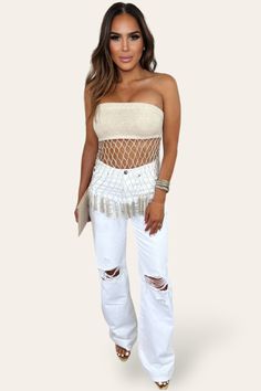 model is wearing White High Rise Flare Jeans with oatmeal mesh top and gold heels and gold clutch Making Jeans, High Rise Flare Jeans, Tube Design, Jeans Fabric, 90s Inspired, Sweater Material, White Denim, Tube Top, Flare Jeans