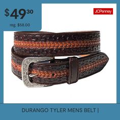 The Tyler is a 1.5"(38mm) wide genuine leather belt. This belt has a two tone tooled snake pattern. Features a patterned Durango harness buckle. This belt can be worn for a casual look.Features: EmbellishedBelt Length: 46 InBase Material: 100% LeatherFabric Description: LeatherBelt Width: 1 1/2 InCare: Wipe CleanCountry of Origin: Imported Mens Belt, Belt Brown, Snake Pattern, Snake Patterns, Genuine Leather Belt, Suspender Belt, Brown Orange, Big & Tall, Mens Belts