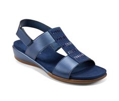 Durable leather and textile upper, Easy hook-and-loop closure for a custom and secure fit, Approx. 1 inch heel, Classic rounded open toe, Padded footbed for added comfort, Durable synthetic outsole, Easy Spirit branding details | Women's Easy Spirit Hazel Sandals in Dark Blue Leath Size 11 Arch Support Shoes, Easy Spirit Shoes, Embellished Flats, Perfect Heels, Sandal Online, Strap Wedge, Easy Spirit, Slingback Sandals, Blue Sandals