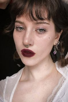 close-up portrait of a beautiful young woman with a burgundy lips goth makeup look Dark Lips Makeup Look, Only Lipstick Makeup Look, Lipstick Only Makeup Look, Smoky Under Eyeshadow, Dark Lipstick Makeup Looks, Bold Lipstick Makeup Looks, Soft Vampy Makeup, Bold Red Lip Makeup Look, Dark Summer Makeup