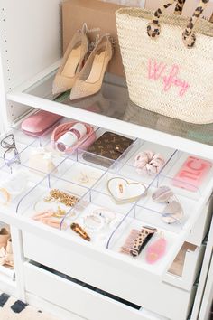 an organized closet with shoes and accessories