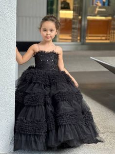 Custom Couture Girls Wedding Party Special Occasion Satin Tulle  Lace Gown Black Princess Dress, Baby Christening Outfit, Girls Communion Dresses, Tulle Ruffles, Red Carpet Style, Lace Dress Styles, Detachable Sleeves, Girls Couture, Satin Tulle