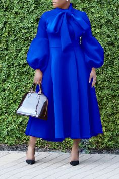 Blue Church Dress, Midi Dress Elegant, Designer Midi Dresses, Women's Tie, Womens Tie, Sleeve Midi Dress, Midi Dress With Sleeves, Blue Midi Dress, Lantern Sleeve