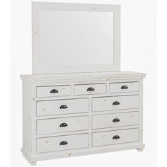 a white dresser with drawers and a large mirror on it's top shelf, against a white background