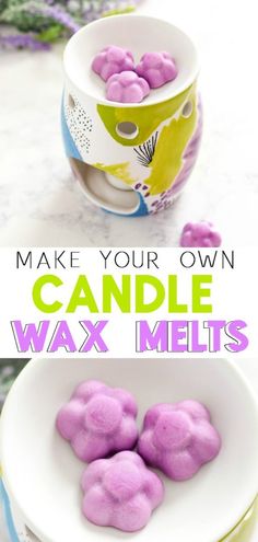 two bowls filled with pink candy next to each other and the words make your own candle wax melts