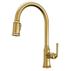 a brass colored kitchen faucet with an angled spout