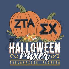 two pumpkins with the words halloween mixer written in black and white on a blue background