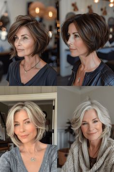 15+ Hairstyles for Women Over 50 That Exude Youthfulness – StyleBliss Brunette Bob With Highlights, Gray Silver Hair, Bob With Highlights, Grey Hair Over 50, Brunette Bob, Beautiful Gray Hair, Shorter Hair