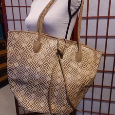 Large, Roomy Beige "Tweed"-Like Pattern Tote Bag, Perfect For "Toting" Office Or School Items. Features Faux Leather Straps And Interesting Closure Pin. Bottom Of Bag Has Solid Form Piece And Inside Is Lined With Beige Silk-Like Material. Bag Is In Excellent Shape, No Tears Or Stains. Measurements: 20" Wide At Opening 10" Opening (Side To Side) 14" High (From Bottom Of Bag To Top) 11.5" Inch Straps Beige Woven Shoulder Bag For Shopping, Trendy Woven Cream Shoulder Bag, Trendy Cream Woven Shoulder Bag, Cream Handwoven Shoulder Bag For Travel, Cream Woven Satchel Bag, Cream Woven Shoulder Bag, Cream Woven Square Bag, Chic Tan Woven Bags, Handwoven Cream Bags For Daily Use