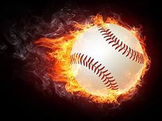 a baseball in the middle of flames on a black background with an orange and white ball