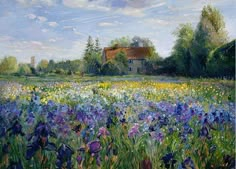 a painting of blue and purple flowers in front of a house