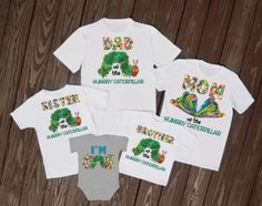 Green Graphic Print T-shirt For First Birthday, Green T-shirt With Letter Print For First Birthday, Green Cotton T-shirt For First Birthday, Green Casual Top For First Birthday, Green Short Sleeve Top For First Birthday, First Birthday Multicolor Graphic T-shirt, Multicolor Casual Top For First Birthday, Casual Multicolor Tops For First Birthday, The Hungry Caterpillar