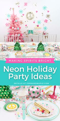 a table set up for a neon holiday party with pink and green decorations on it