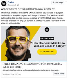 a facebook page with an image of a man wearing yellow glasses and the caption'how to get more leads? '