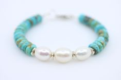 Kingman Turquoise & Pearl Silver Bracelet, Chunky Formal Casual Everyday Beaded Gemstone Statement Jewelry Unique Artisan Stacking Bracelet - Etsy Turquoise Pearl Bracelets With Round Beads, Handmade Turquoise Pearl Bracelets, Turquoise Pearl Bracelet As A Gift, Elegant Handmade Turquoise Pearl Bracelet, Handmade Elegant Turquoise Pearl Bracelet, Handmade Turquoise Pearl Bracelet With Round Beads, Formal Casual, Jewelry Unique, Kingman Turquoise