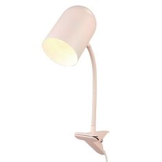 a white desk lamp with a pink shade on it's head and an arm