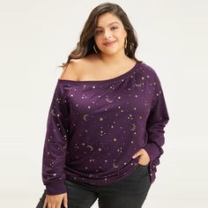 Shop Moon & Star Glitter One Shoulder Sweatshirt now and redefine your style with confidence at BloomChic. Tailored for mid and plus-size women. This trendy Tops Women, sizes 10-30. Season:Fall;Color:Eggplant;Style:Casual;Neckline:One Shoulder;Sleeve Type:Raglan sleeve;Pattern Type:Moon and Star;Details:Printed, Elastic cuffs;Pocket:No-pocket;Belt:No-belt Long Sleeve Tops For Christmas Night Out, Long Sleeve Star Print Tops For Fall, Long Sleeve Tops With Star Print For Fall, Glitter Print Crew Neck Tops For Fall, Glitter Long Sleeve Winter Tops, Glitter Long Sleeve Tops For Winter, Winter Glitter Long Sleeve Tops, Crew Neck Top With Glitter Print For Fall, Fall Loungewear Tops With Star Print