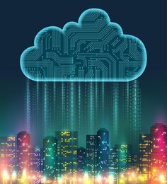 a cityscape with an electronic cloud above it