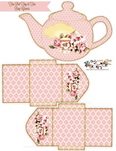 a pink teapot with flowers on it and two matching placemats, one for the