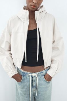 CROP HOODED JACKET - Oyster-white | ZARA United States Jacket Coat Fashion, Staple Dress, Oyster White, Zara Jacket, Zara Crop Top, New Chic, Cardigan Sweater Jacket, Rain Coat, Young Fashion