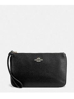 Coach Crossgrain Leather Large Wristlet Black F57465. Classic Pouch Wallet With Wrist Strap, Classic Bags With Wrist Strap, Classic Formal Clutch With Wrist Strap, Classic Wristlet With Wrist Strap For Daily Use, Classic Leather Wristlet For Formal Occasions, Classic Coach Rectangular Wristlet, Classic Rectangular Coach Wristlet, Classic Black Wristlet For Daily Use, Elegant Coach Wristlet With Wrist Strap