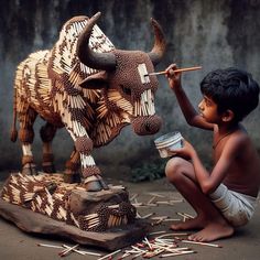 a young boy is painting a sculpture of a bull