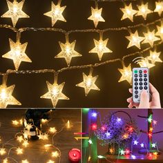 a collage of christmas lights with remotes and stars on the string above them